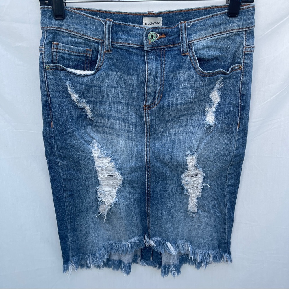 Sneak Peek Blue Distressed Frayed Hem Denim Midi Skirt Size Small